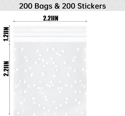QZS 200 Pcs Self Sealing Cellophane Bags, Clear Cookie Bags, Individual Wrappers Treat bags for Packaging Cookies, Biscuit, Candy, Gift Giving (White Polka Dot, 2.2x2.2inches)
