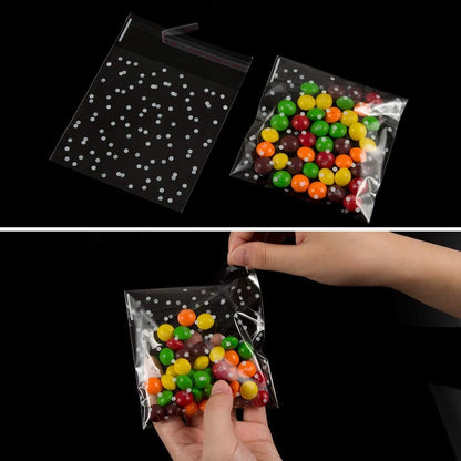 QZS 200 Pcs Self Sealing Cellophane Bags, Clear Cookie Bags, Individual Wrappers Treat bags for Packaging Cookies, Biscuit, Candy, Gift Giving (White Polka Dot, 2.2x2.2inches)