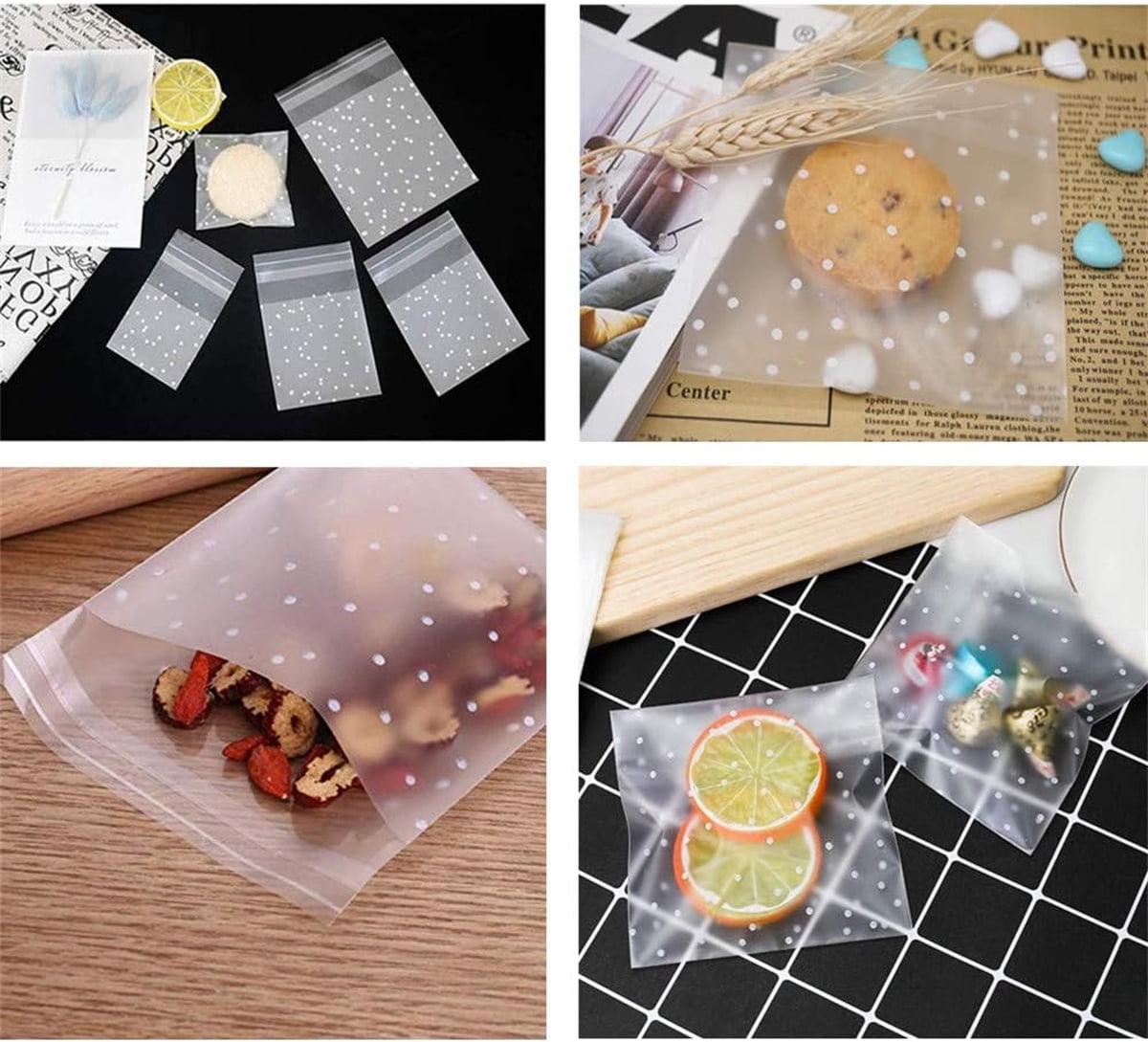 QZS 200 Pcs Self Sealing Cellophane Bags, Clear Cookie Bags, Individual Wrappers Treat bags for Packaging Cookies, Biscuit, Candy, Gift Giving (White Polka Dot, 2.2x2.2inches)