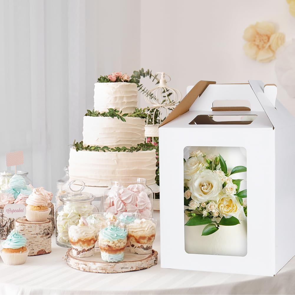 Large Tall Cake Boxes,Disposable Layer Tall Cake Carrier with Window,White Cake Packaging Box,Portable Cake Box,Tier Cake Take Out Transport Containers,for Birthday Wedding Christmas 10" x 10" x 16"