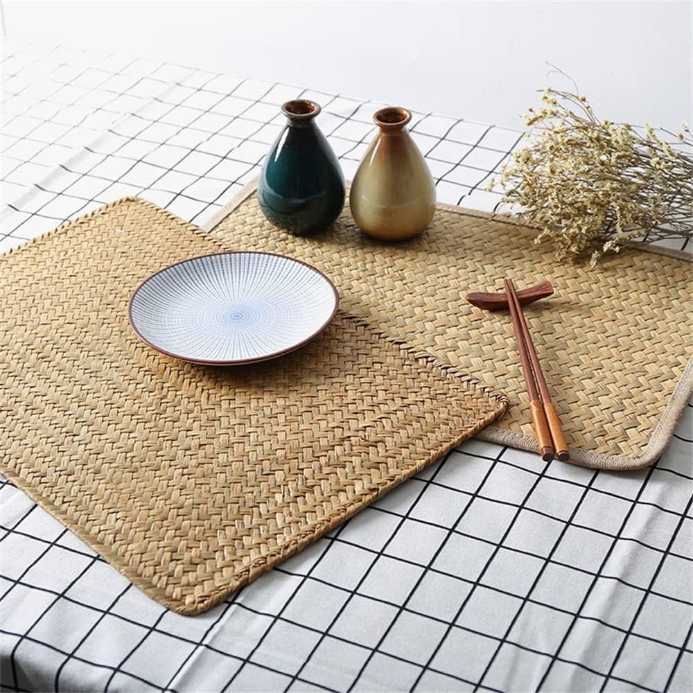 QZS Farmhouse Wicker Placemats,Woven Rattan Place Mat,Rectangular Table Pat,Hand Bamboo Tea Cup Mat,Natural Straw Placemat,Hand-woven Place Mats for Dining Table Home Kitchen Picnic 2Pcs