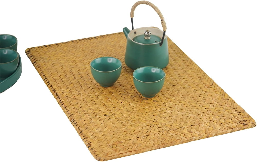 QZS Farmhouse Wicker Placemats,Woven Rattan Place Mat,Rectangular Table Pat,Hand Bamboo Tea Cup Mat,Natural Straw Placemat,Hand-woven Place Mats for Dining Table Home Kitchen Picnic 2Pcs