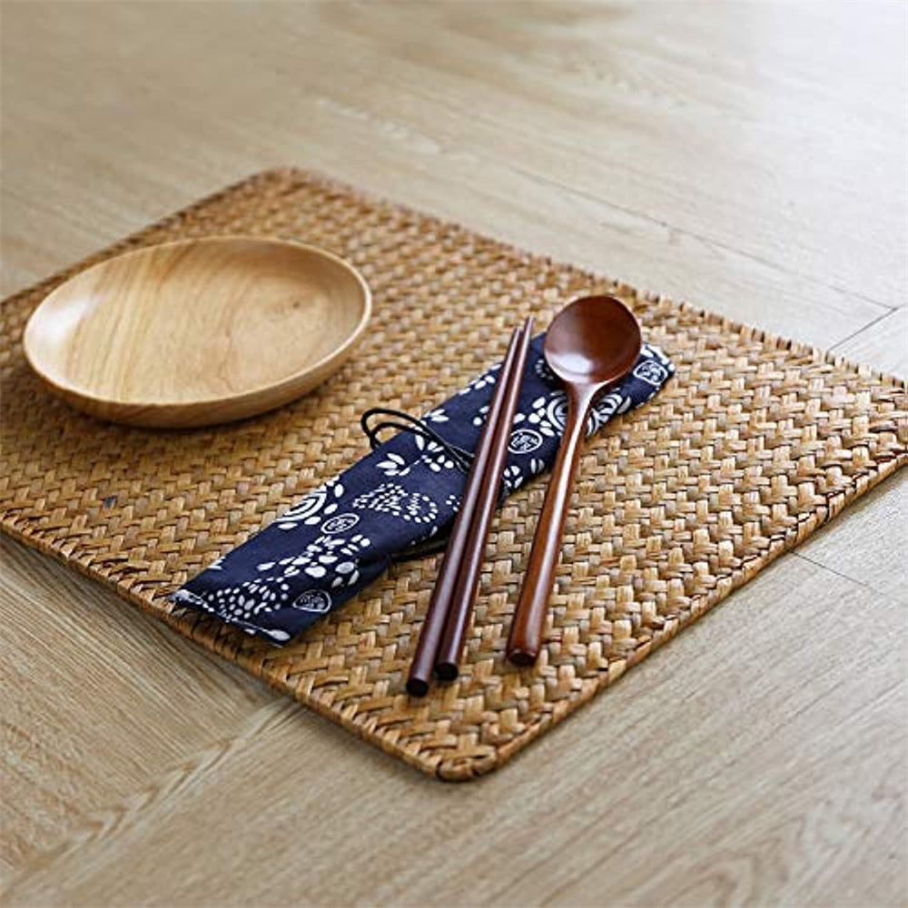 QZS Farmhouse Wicker Placemats,Woven Rattan Place Mat,Rectangular Table Pat,Hand Bamboo Tea Cup Mat,Natural Straw Placemat,Hand-woven Place Mats for Dining Table Home Kitchen Picnic 2Pcs