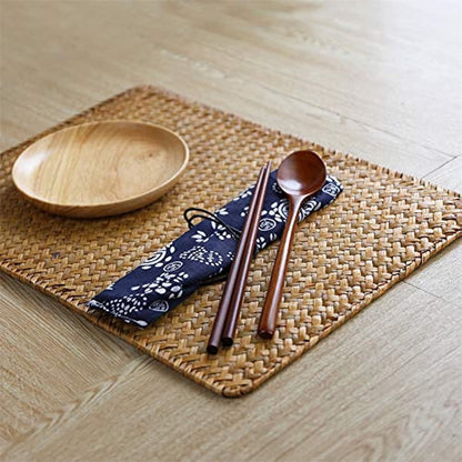 QZS Farmhouse Wicker Placemats,Woven Rattan Place Mat,Rectangular Table Pat,Hand Bamboo Tea Cup Mat,Natural Straw Placemat,Hand-woven Place Mats for Dining Table Home Kitchen Picnic 2Pcs