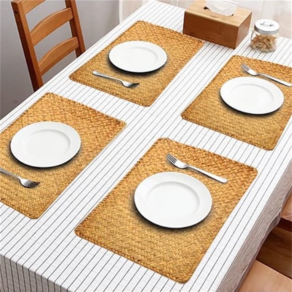 QZS Farmhouse Wicker Placemats,Woven Rattan Place Mat,Rectangular Table Pat,Hand Bamboo Tea Cup Mat,Natural Straw Placemat,Hand-woven Place Mats for Dining Table Home Kitchen Picnic 2Pcs