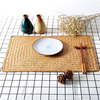 QZS Farmhouse Wicker Placemats,Woven Rattan Place Mat,Rectangular Table Pat,Hand Bamboo Tea Cup Mat,Natural Straw Placemat,Hand-woven Place Mats for Dining Table Home Kitchen Picnic 2Pcs