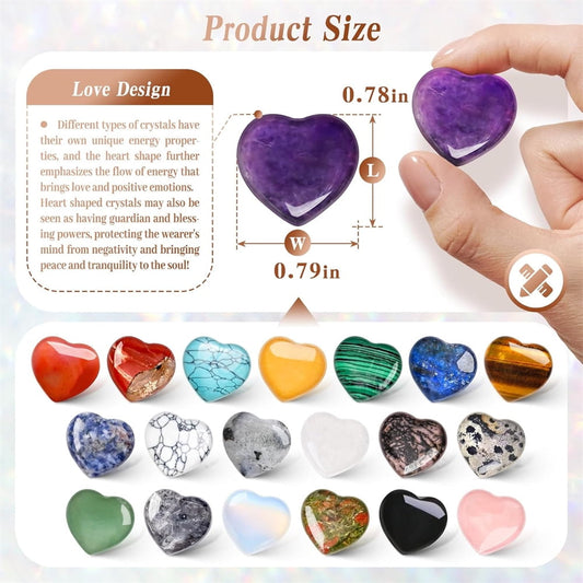 20Pcs Heart Crystals Stones,Love Shaped Polished Stones,Natural Rose Quartz Crystals Amethyst Tiger Eye Chakra Rocks,Energy Healing Gemstones,Chakra Reiki Balancing Gifts.