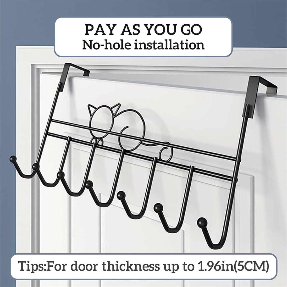 Tutuviw Over the Door Hook,Cat Design Wall Hooks Over Door Hook with 7 Hooks for Back of Bedroom Bathroom Door Punch-Free Coat Rack Organizer Clothes Key Holder Towel Door Coat Hanger Black