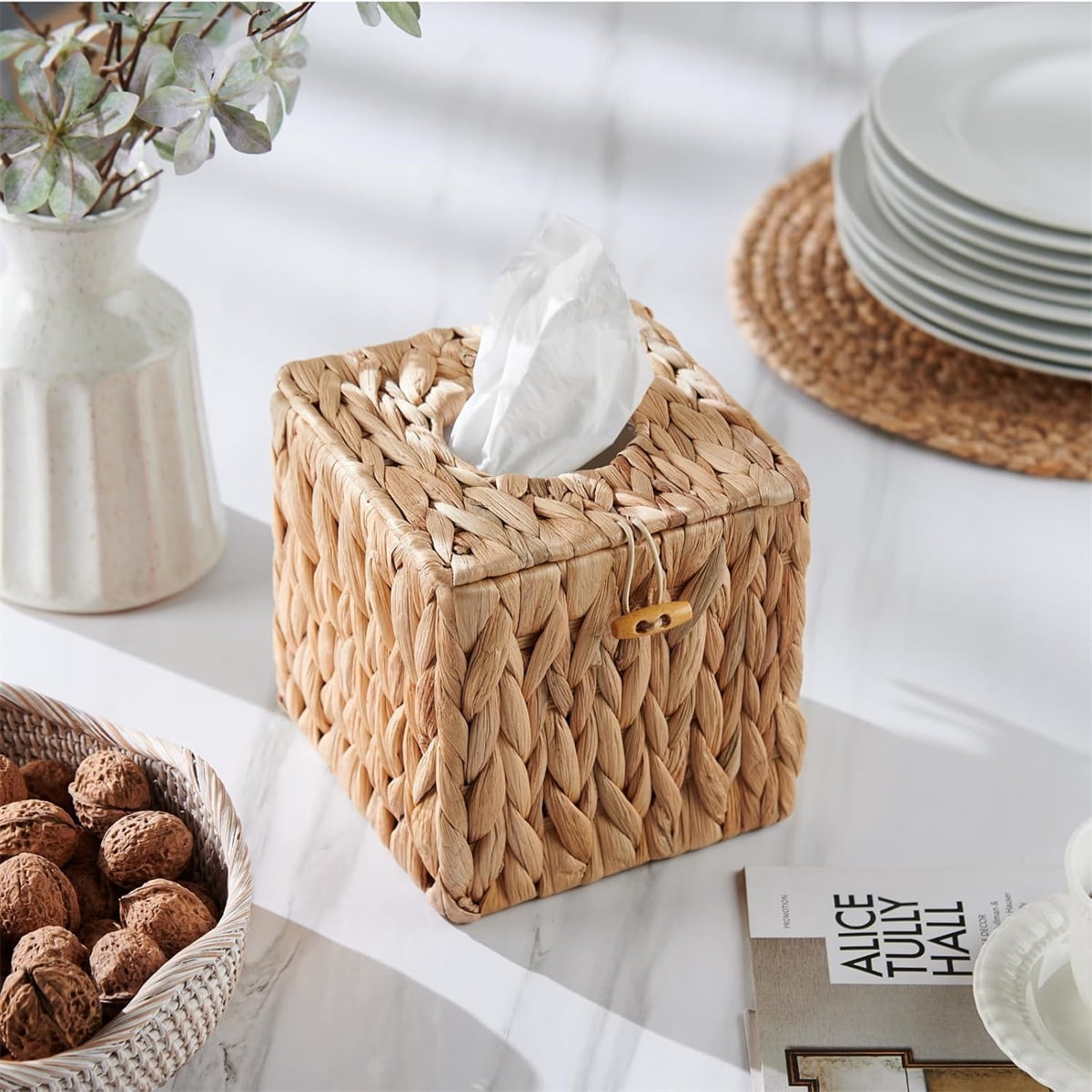 Tutuviw Tissue Box Cover Rectangle,Tissue Box Holder for Bathroom,Water Hyacinth Tissue Box Holder,Rattan Tissue Box Cover Facial Tissue Holder for Table,10" x 6" x 4.5 5.9"