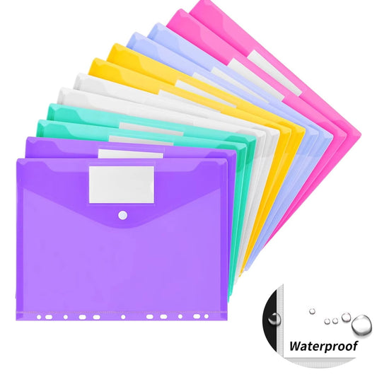 Tutuviw 12Pcs Binder Pockets for 2/3/4 Ring,11 Holes Binder Folders,Clear Document Folders,A4 Size Clear Document Envelopes,Snap Button Pouch with Label for Home Work Organization Multi-color.