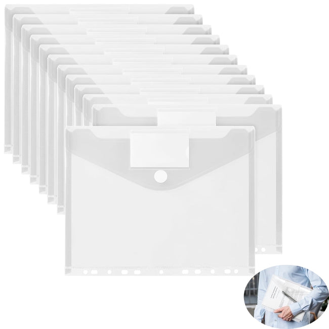 Tutuviw 12Pcs Binder Pockets for 2/3/4 Ring,11 Holes Binder Folders,Clear Document Folders,A4 Size Clear Document Envelopes,Snap Button Pouch with Label for Home Work Organization White. Hover Image