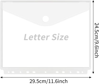 Tutuviw 12Pcs Binder Pockets for 2/3/4 Ring,11 Holes Binder Folders,Clear Document Folders,A4 Size Clear Document Envelopes,Snap Button Pouch with Label for Home Work Organization White.