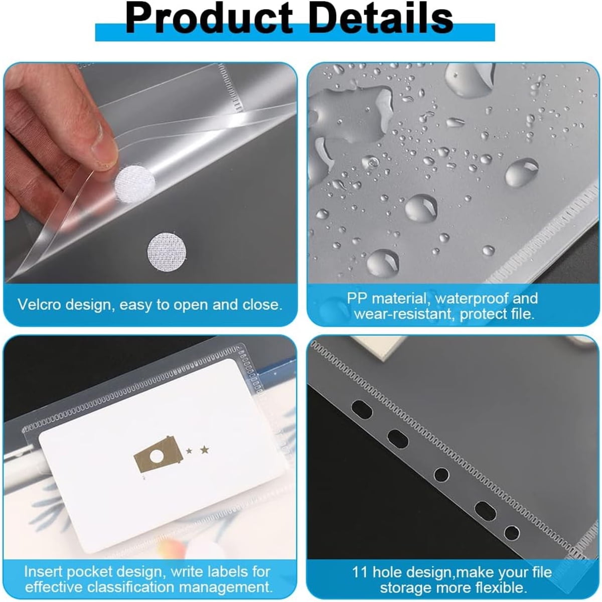 Tutuviw 12Pcs Binder Pockets for 2/3/4 Ring,11 Holes Binder Folders,Clear Document Folders,A4 Size Clear Document Envelopes,Snap Button Pouch with Label for Home Work Organization White.