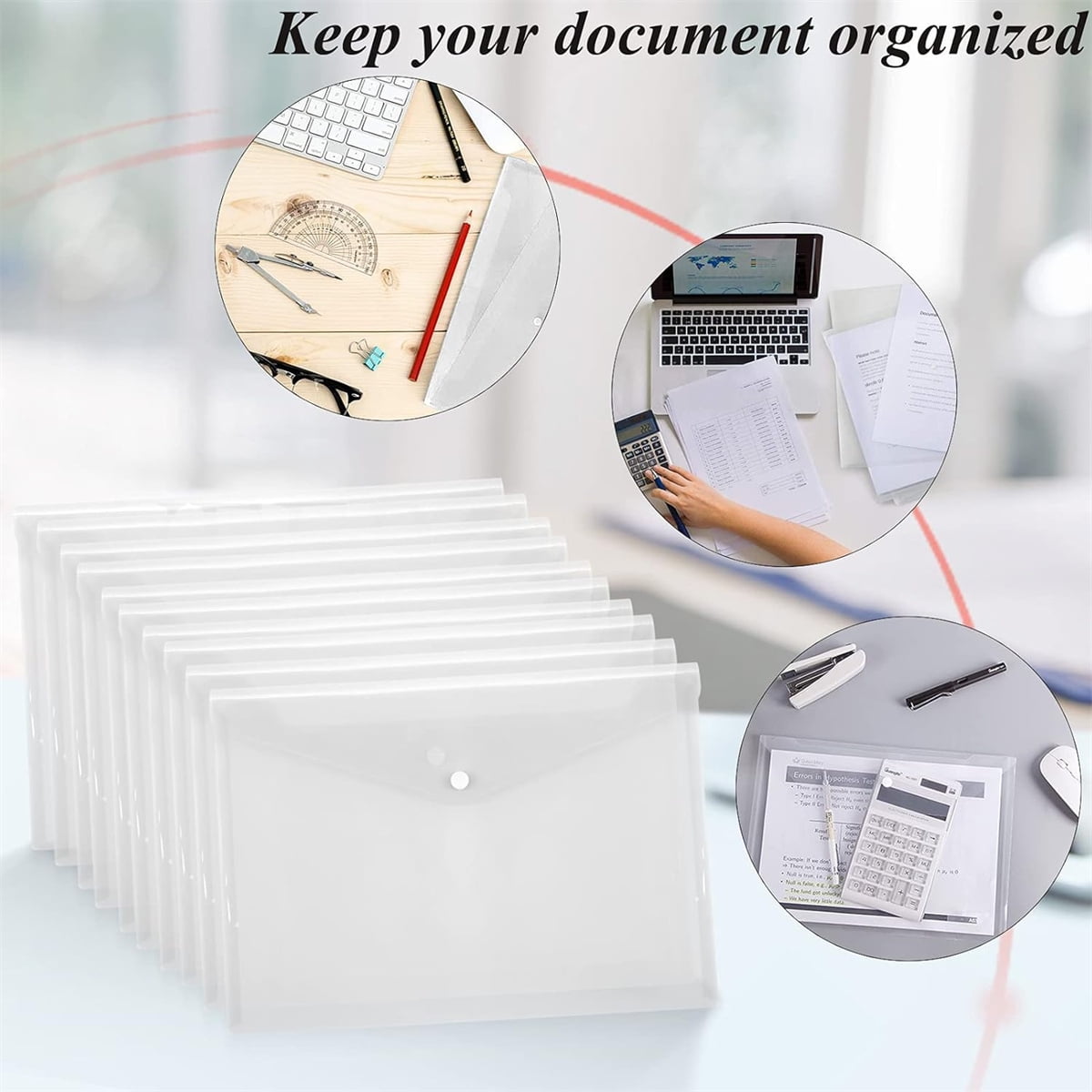 Tutuviw 12Pcs Binder Pockets for 2/3/4 Ring,11 Holes Binder Folders,Clear Document Folders,A4 Size Clear Document Envelopes,Snap Button Pouch with Label for Home Work Organization White.