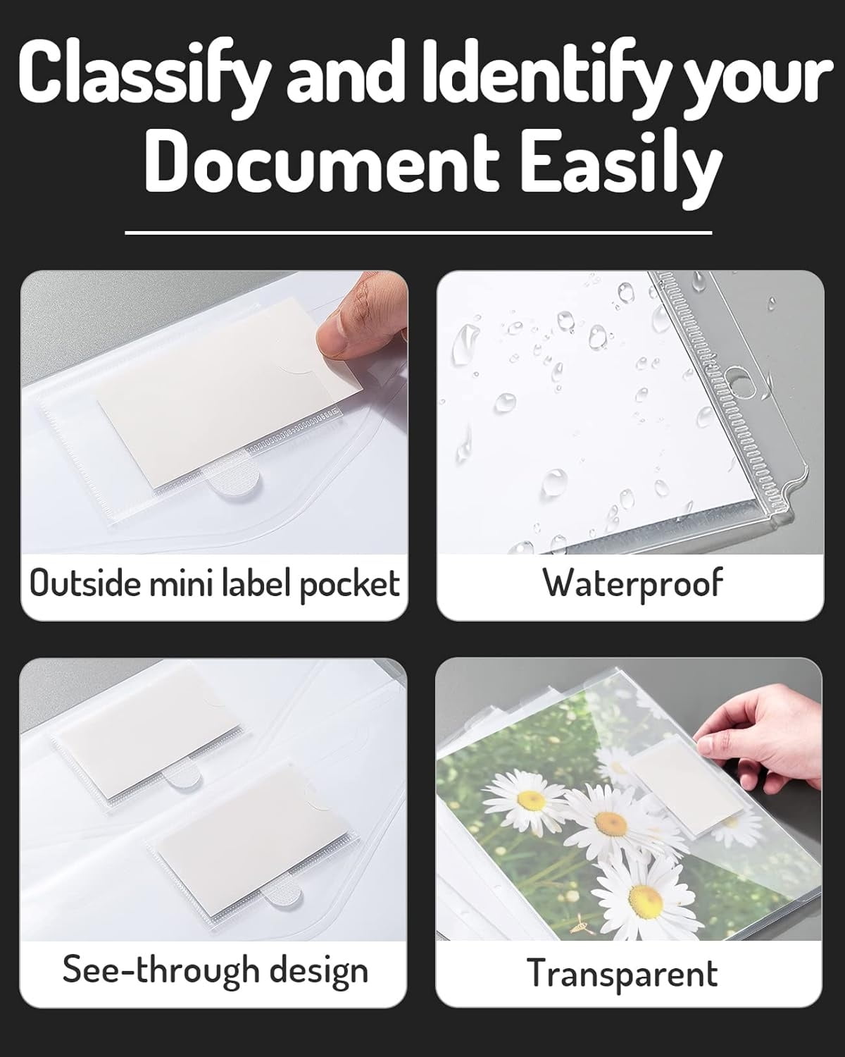 Tutuviw 12Pcs Binder Pockets for 2/3/4 Ring,11 Holes Binder Folders,Clear Document Folders,A4 Size Clear Document Envelopes,Snap Button Pouch with Label for Home Work Organization White.