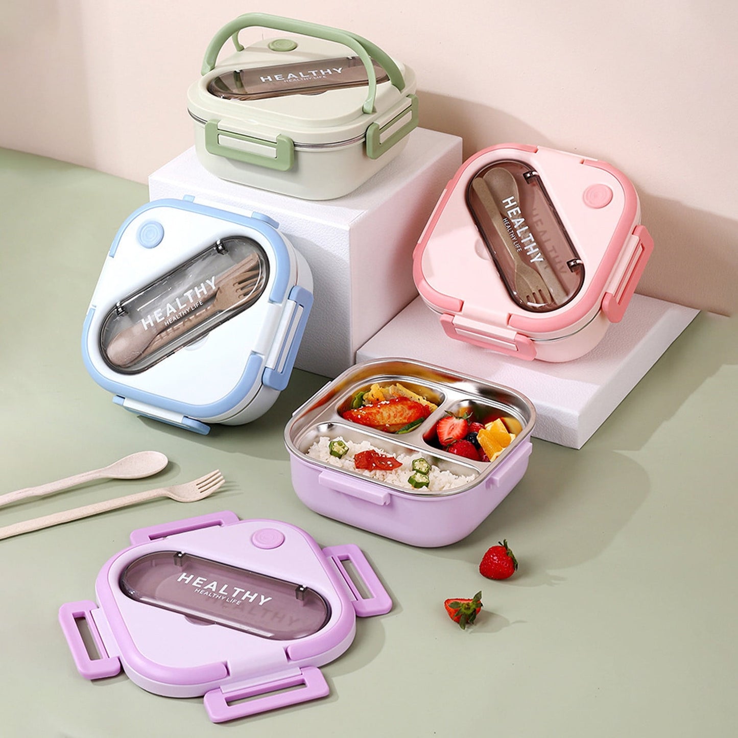 Aespoir Lunch Box, Toddler Lunch Box, Leak-Proof, Four-Sided Clasp for School,Camping,Travel, 7.5x7.5x3 In,Purple Green