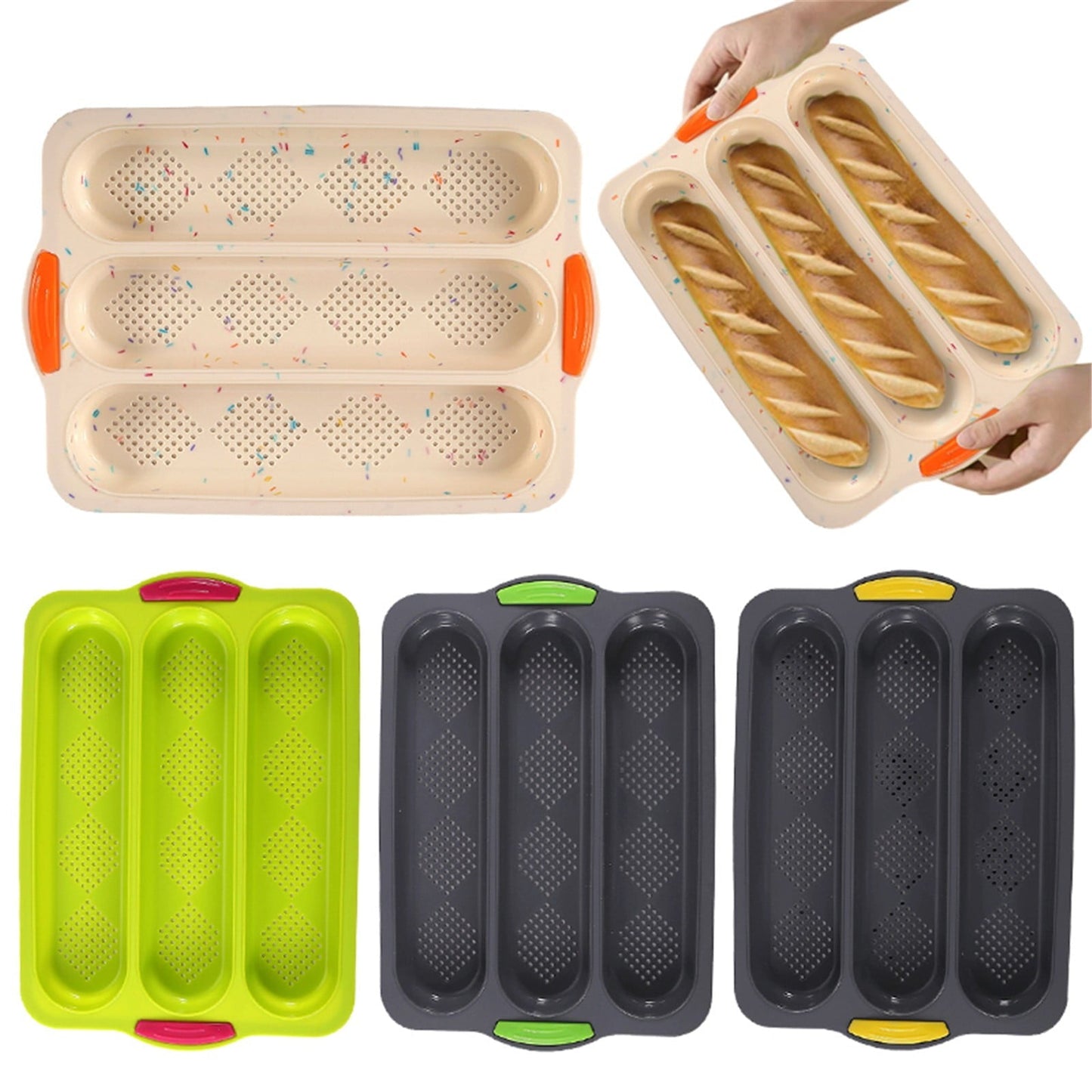 3-Slot French Bread Pan - Non Stick Silicone Baguette Mold for Hoagie, Sub Roll & Hot Dog Buns - Oven Safe Baking Tray with Vent Holes (Beige) Clearance D