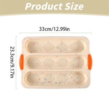 3-Slot French Bread Pan - Non Stick Silicone Baguette Mold for Hoagie, Sub Roll & Hot Dog Buns - Oven Safe Baking Tray with Vent Holes (Beige) Clearance D