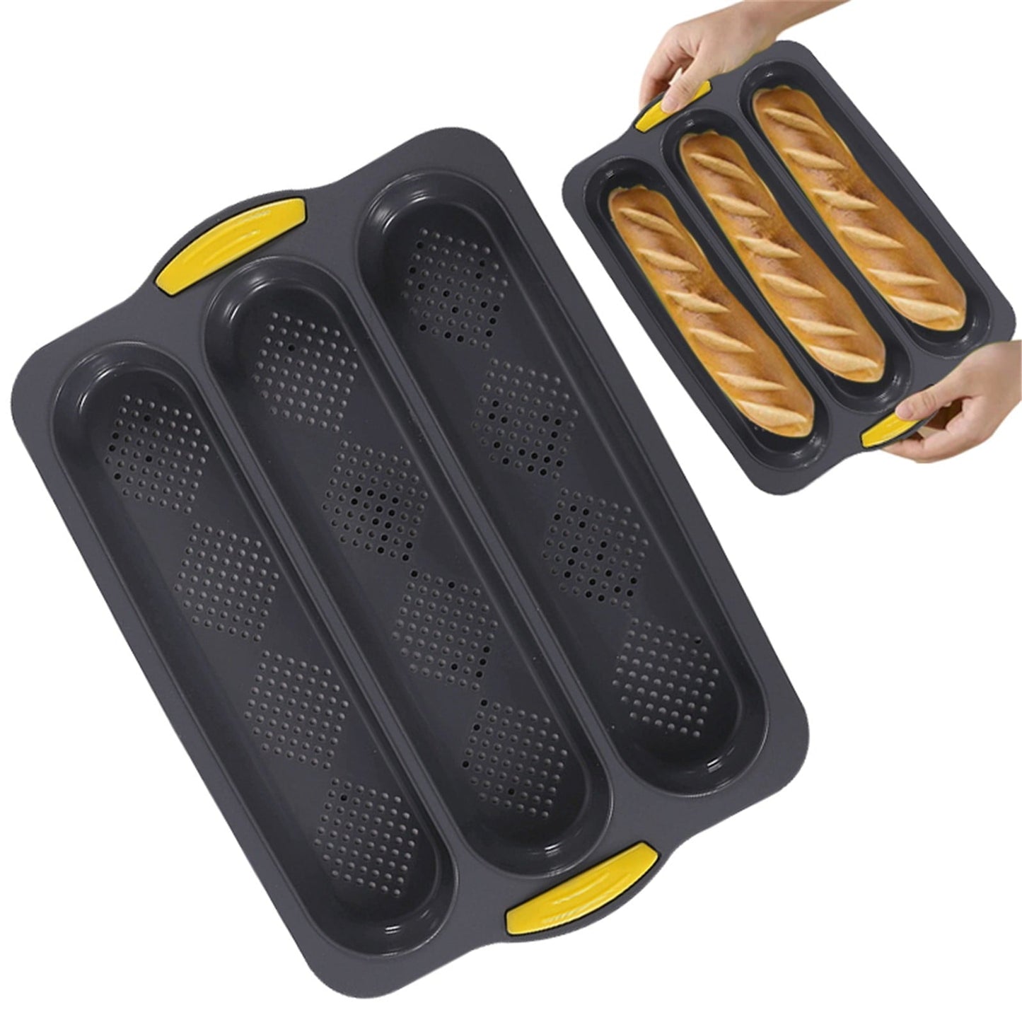 3-Slot French Bread Pan - Non Stick Silicone Baguette Mold for Hoagie, Sub Roll & Hot Dog Buns - Oven Safe Baking Tray with Vent Holes (Beige) Clearance D