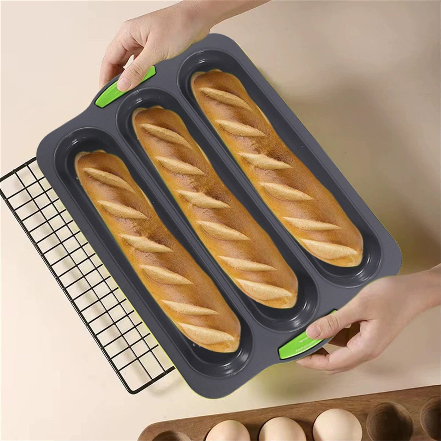 3-Slot French Bread Pan - Non Stick Silicone Baguette Mold for Hoagie, Sub Roll & Hot Dog Buns - Oven Safe Baking Tray with Vent Holes (Beige) Clearance D