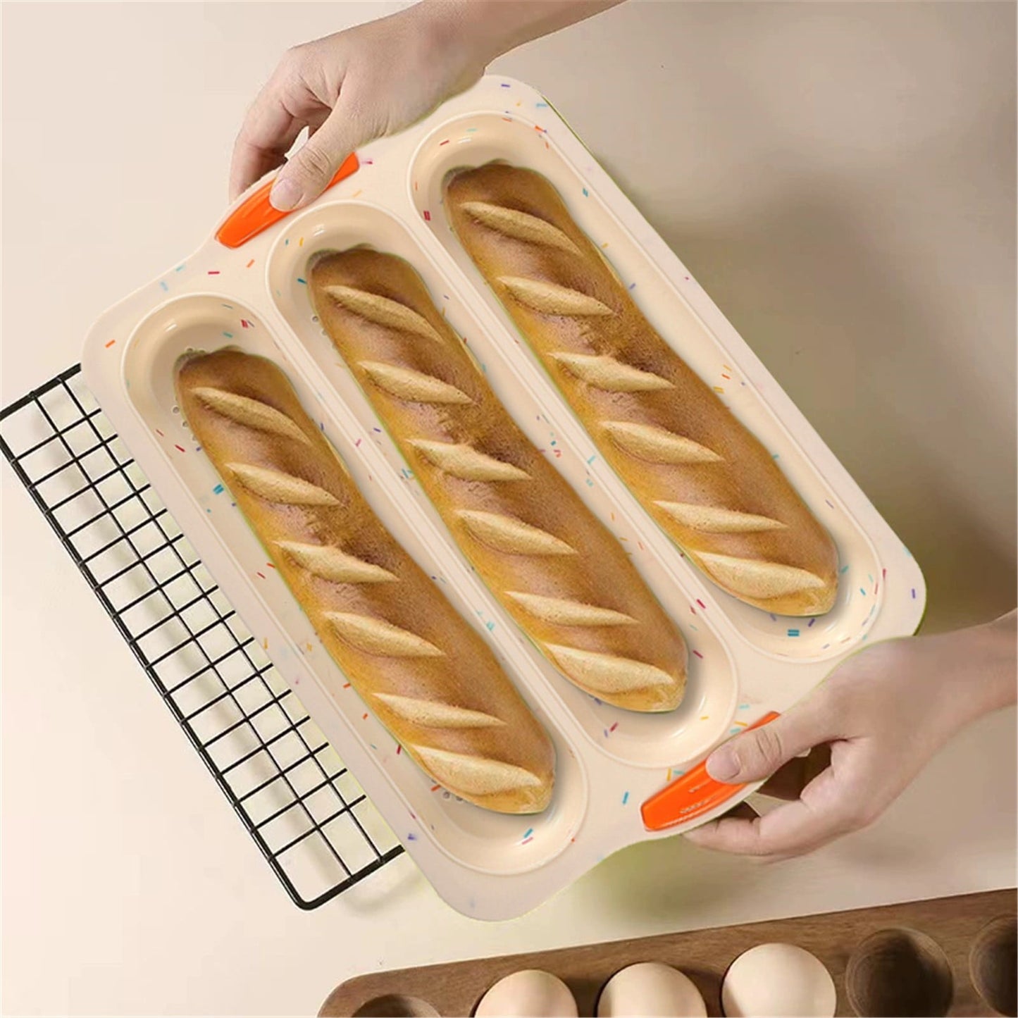 3-Slot French Bread Pan - Non Stick Silicone Baguette Mold for Hoagie, Sub Roll & Hot Dog Buns - Oven Safe Baking Tray with Vent Holes (Beige) Clearance D