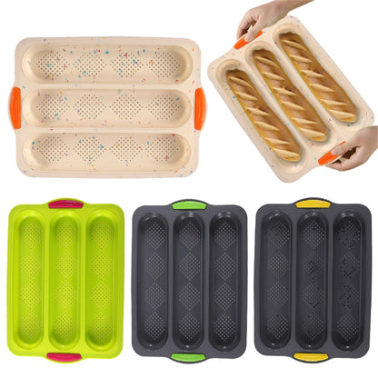 3-Slot French Bread Pan - Non Stick Silicone Baguette Mold for Hoagie, Sub Roll & Hot Dog Buns - Oven Safe Baking Tray with Vent Holes (Beige) Clearance Green