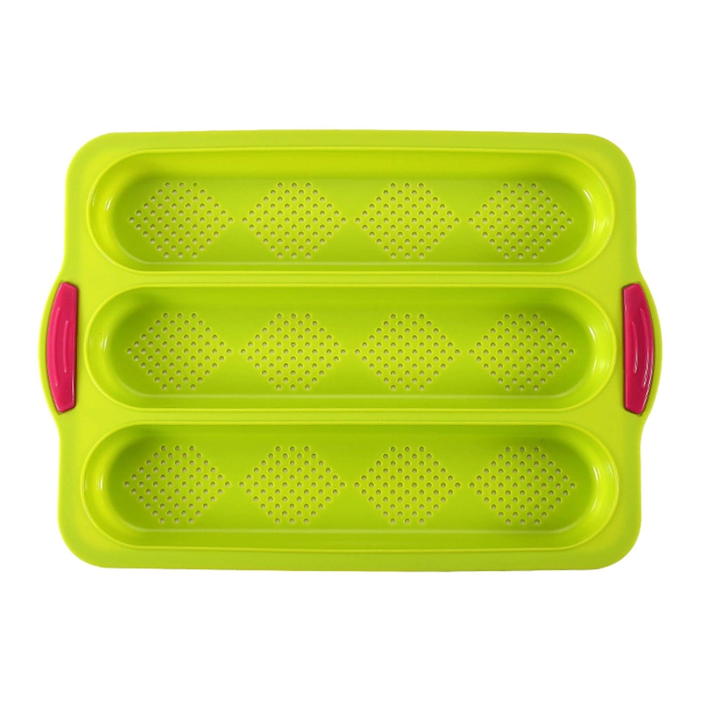 3-Slot French Bread Pan - Non Stick Silicone Baguette Mold for Hoagie, Sub Roll & Hot Dog Buns - Oven Safe Baking Tray with Vent Holes (Beige) Clearance Green