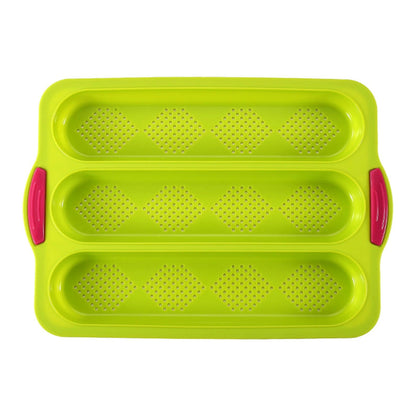3-Slot French Bread Pan - Non Stick Silicone Baguette Mold for Hoagie, Sub Roll & Hot Dog Buns - Oven Safe Baking Tray with Vent Holes (Beige) Clearance Green