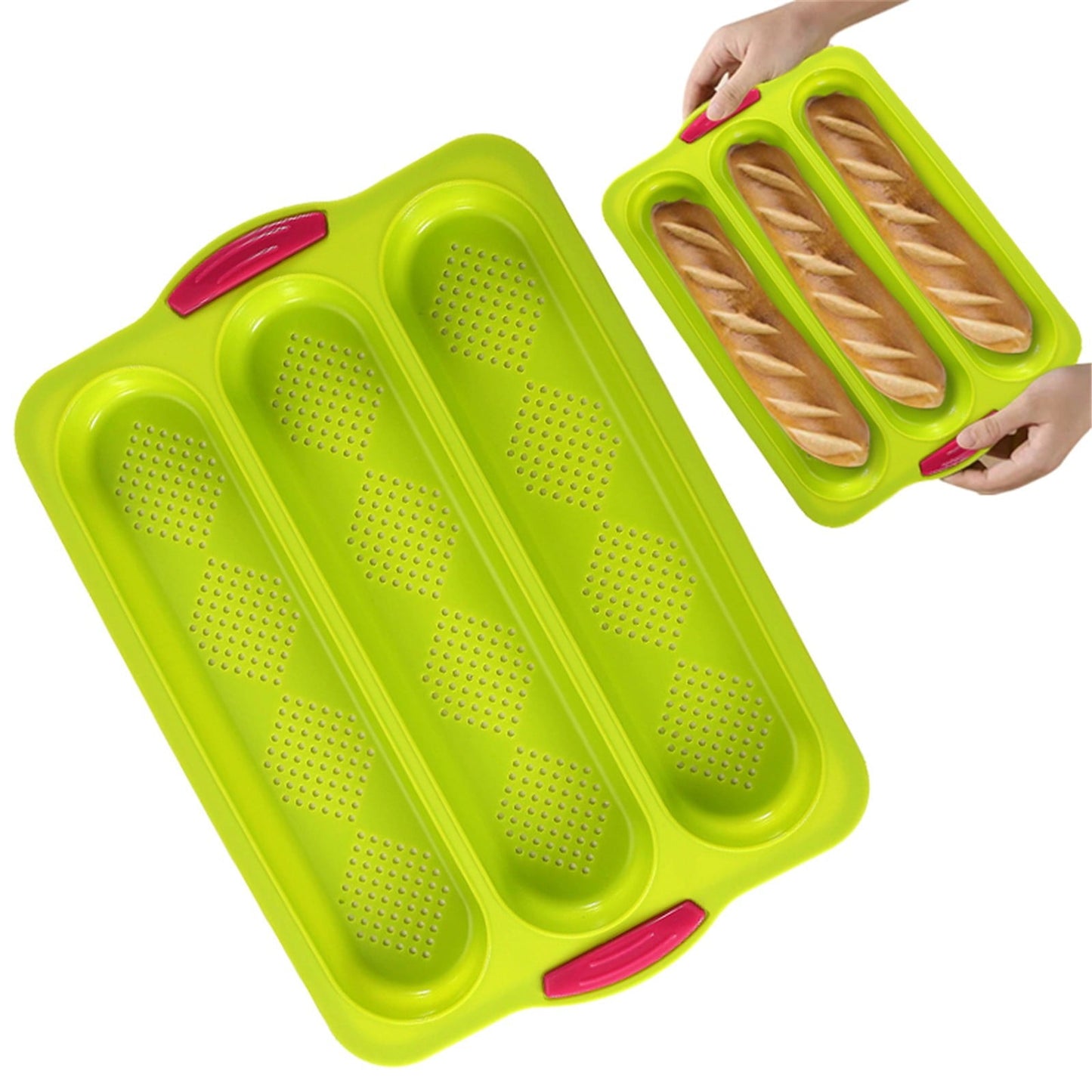 3-Slot French Bread Pan - Non Stick Silicone Baguette Mold for Hoagie, Sub Roll & Hot Dog Buns - Oven Safe Baking Tray with Vent Holes (Beige) Clearance Green