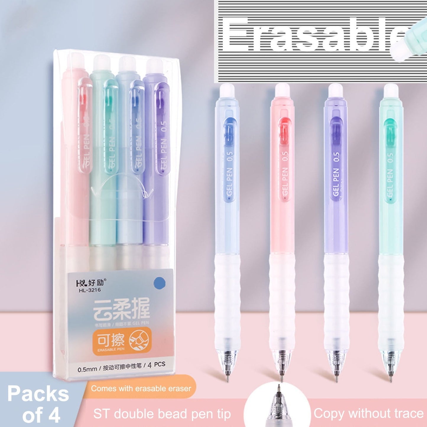 4 PCS Erasable Pens - 0.5mm Press Rub Out Gel Pens with Eraser Clear, Heat Friction Markers, Make Mistakes Disappear, for Drawing Writing Planner and Note Marking(A,Black) Black