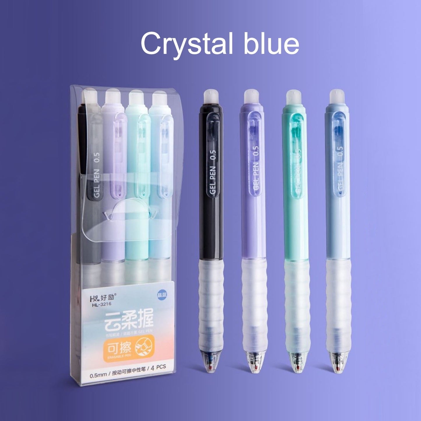 4 PCS Erasable Pens - 0.5mm Press Rub Out Gel Pens with Eraser Clear, Heat Friction Markers, Make Mistakes Disappear, for Drawing Writing Planner and Note Marking(A,Black) Crystal Blue