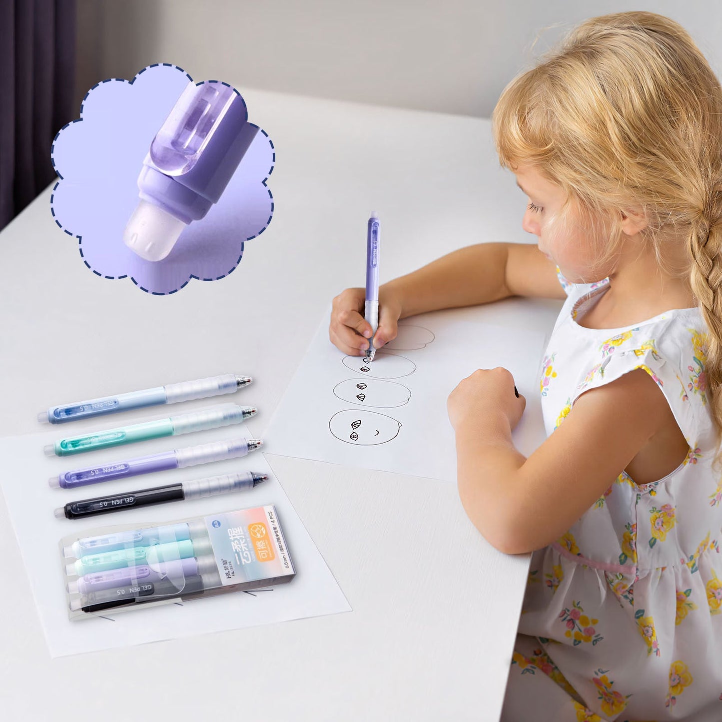 4 PCS Erasable Pens - 0.5mm Press Rub Out Gel Pens with Eraser Clear, Heat Friction Markers, Make Mistakes Disappear, for Drawing Writing Planner and Note Marking(A,Black) Crystal Blue