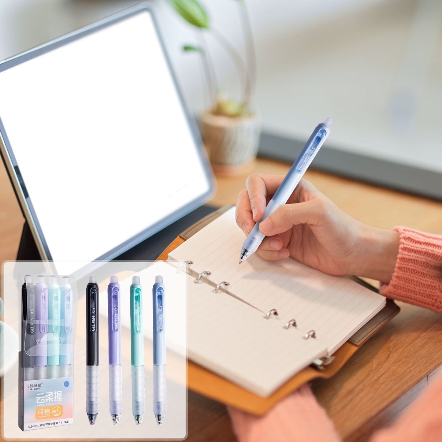 4 PCS Erasable Pens - 0.5mm Press Rub Out Gel Pens with Eraser Clear, Heat Friction Markers, Make Mistakes Disappear, for Drawing Writing Planner and Note Marking(A,Black) Crystal Blue