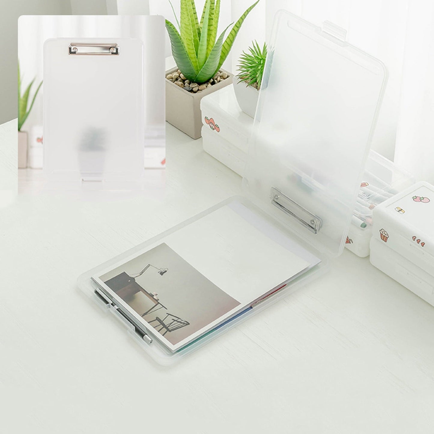 Clipboard with Storage File Box, Foldable A4 Large Capacity Clip Boards Folder, Plastic Clipboard with Pen Holder for Office Supplies(Mint Green) Clear