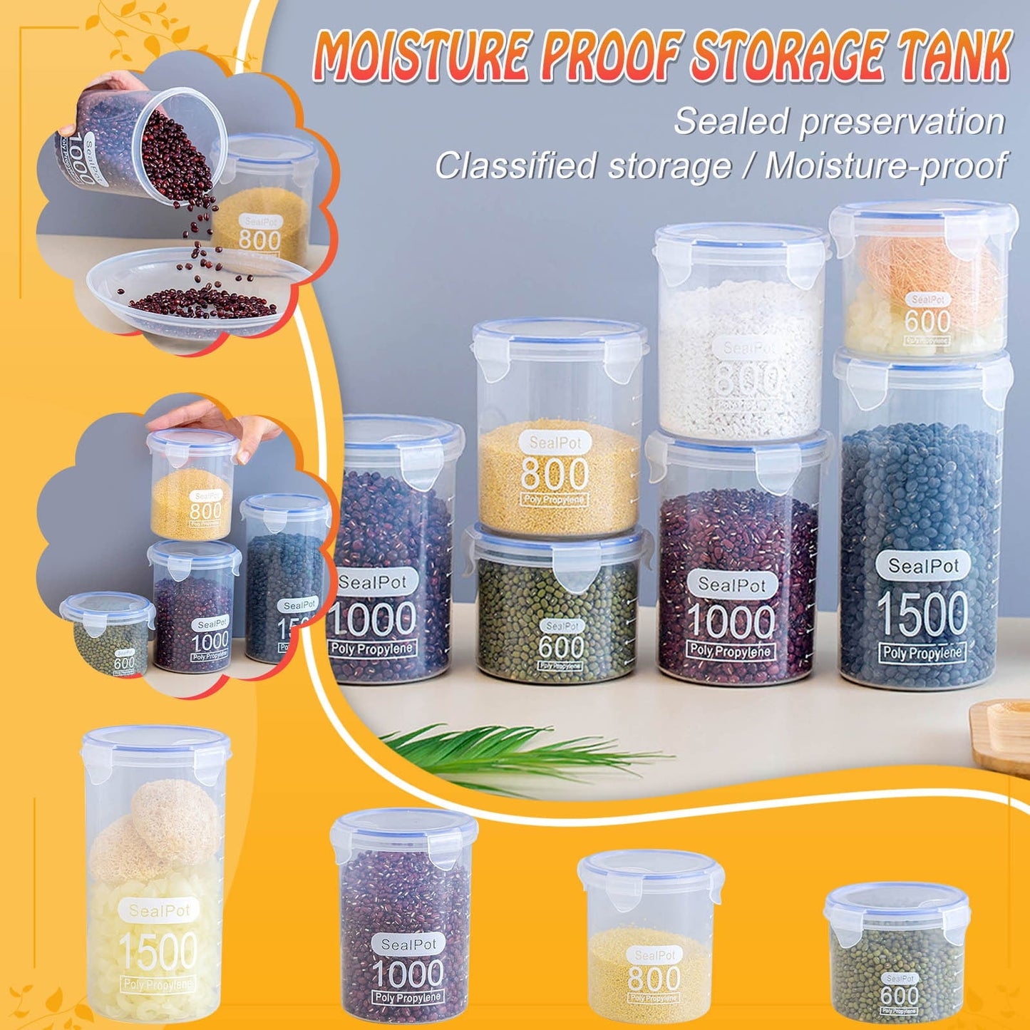 Clear Sealed Food Containers, 800ml Plastic Stackable Leakproof Storage Jar with Locking Lid, Kitchen Gadget for Rice Beans Storage C