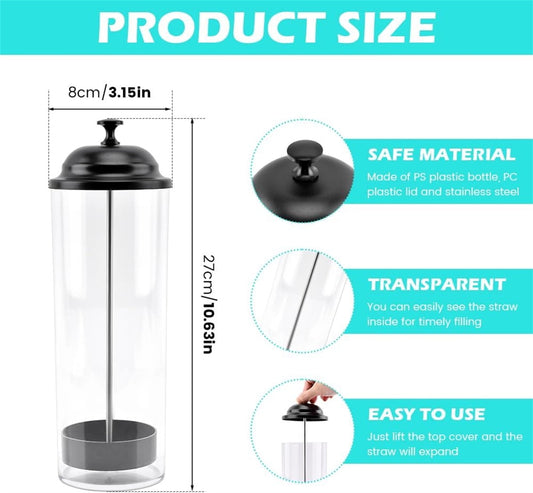 10.6 in Straw Dispenser with Lid, Tutuviw Plastic Straw Holder for Counter, Drinking Straw Organizer Container Transparent Straw Holder for Most Straws, Black (Straws Not Include)
