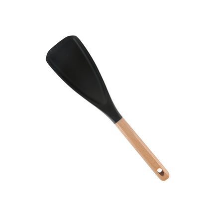 Cooking Spoon for Nonstick Cookwares, Multi-functional Silicone Cooking Shovel with Wooden Handle, Silicone Salad Spatula Kitchen Utensils for Mixing Scrape Black