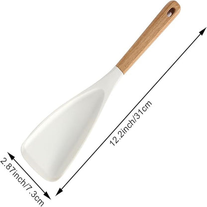 Cooking Spoon for Nonstick Cookwares, Multi-functional Silicone Cooking Shovel with Wooden Handle, Silicone Salad Spatula Kitchen Utensils for Mixing Scrape White