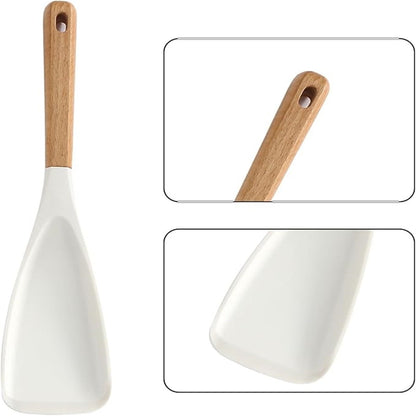 Cooking Spoon for Nonstick Cookwares, Multi-functional Silicone Cooking Shovel with Wooden Handle, Silicone Salad Spatula Kitchen Utensils for Mixing Scrape White