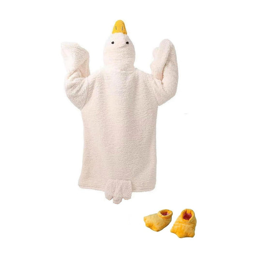 Goose Blanket Hoodie Onesie, Large Warm Wearable Flannel Blankets with Sleeves and Gooses Feet Slippers, for Festival Home Party Holiday Indoor M White