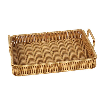Woven Serving Tray with Handles, Handmade Poly Wicker Tray for Storage Breakfast, Drinks, Fruits, Rectangular Basket Organizer Platters, for Coffee Table Centerpiece Decor Brown,S
