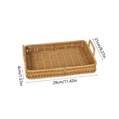 Woven Serving Tray with Handles, Handmade Poly Wicker Tray for Storage Breakfast, Drinks, Fruits, Rectangular Basket Organizer Platters, for Coffee Table Centerpiece Decor Brown,S