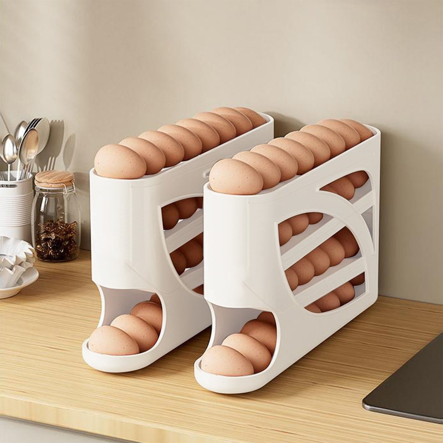 4 Tiers Egg Holder for Fridge, Automatic Scrolling Egg Rack Holder, Space-Saving Egg Dispenser Holder, Large Capacity Eggs Organizer Storage 30 Eggs for Fridge White