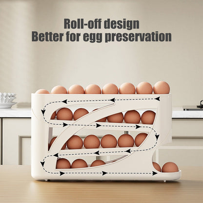 4 Tiers Egg Holder for Fridge, Automatic Scrolling Egg Rack Holder, Space-Saving Egg Dispenser Holder, Large Capacity Eggs Organizer Storage 30 Eggs for Fridge White