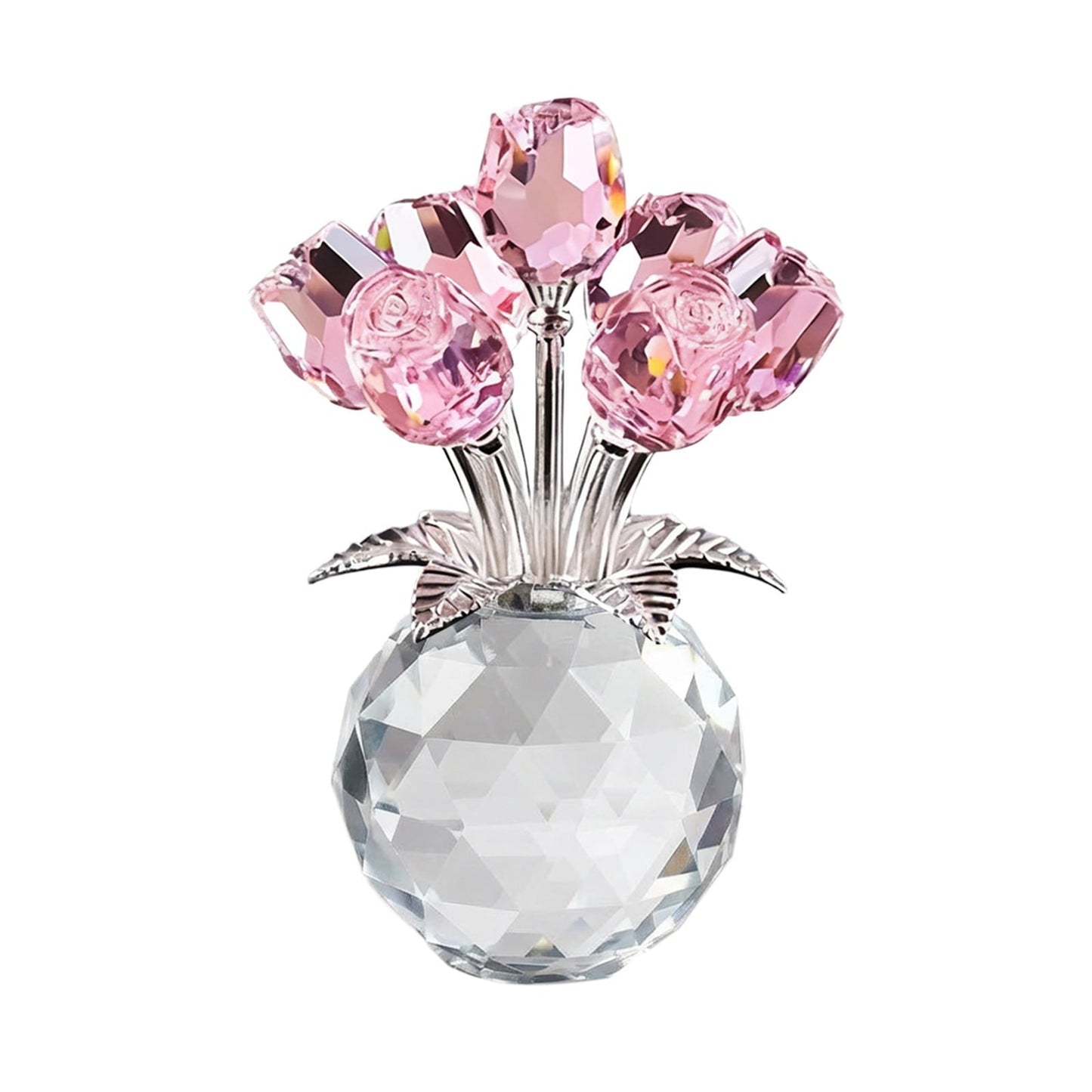 Clear Roses Bouquet Figurines, Glass Rose Flowers with Round Vase, Transparent Bouquet for Home Birthday Party Wedding Valentines Day Mother's Day Pink
