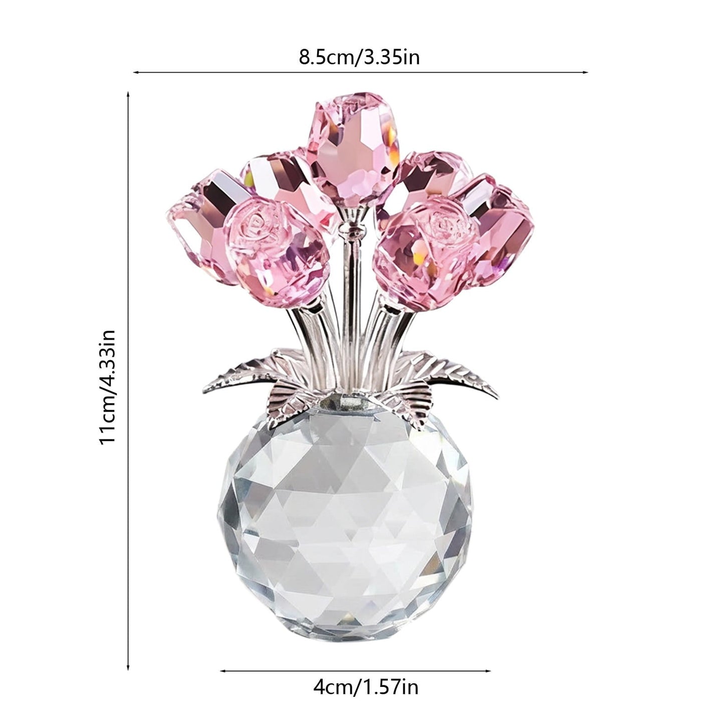 Clear Roses Bouquet Figurines, Glass Rose Flowers with Round Vase, Transparent Bouquet for Home Birthday Party Wedding Valentines Day Mother's Day Pink