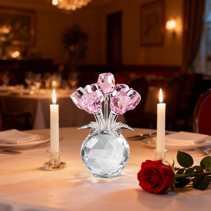 Clear Roses Bouquet Figurines, Glass Rose Flowers with Round Vase, Transparent Bouquet for Home Birthday Party Wedding Valentines Day Mother's Day Pink