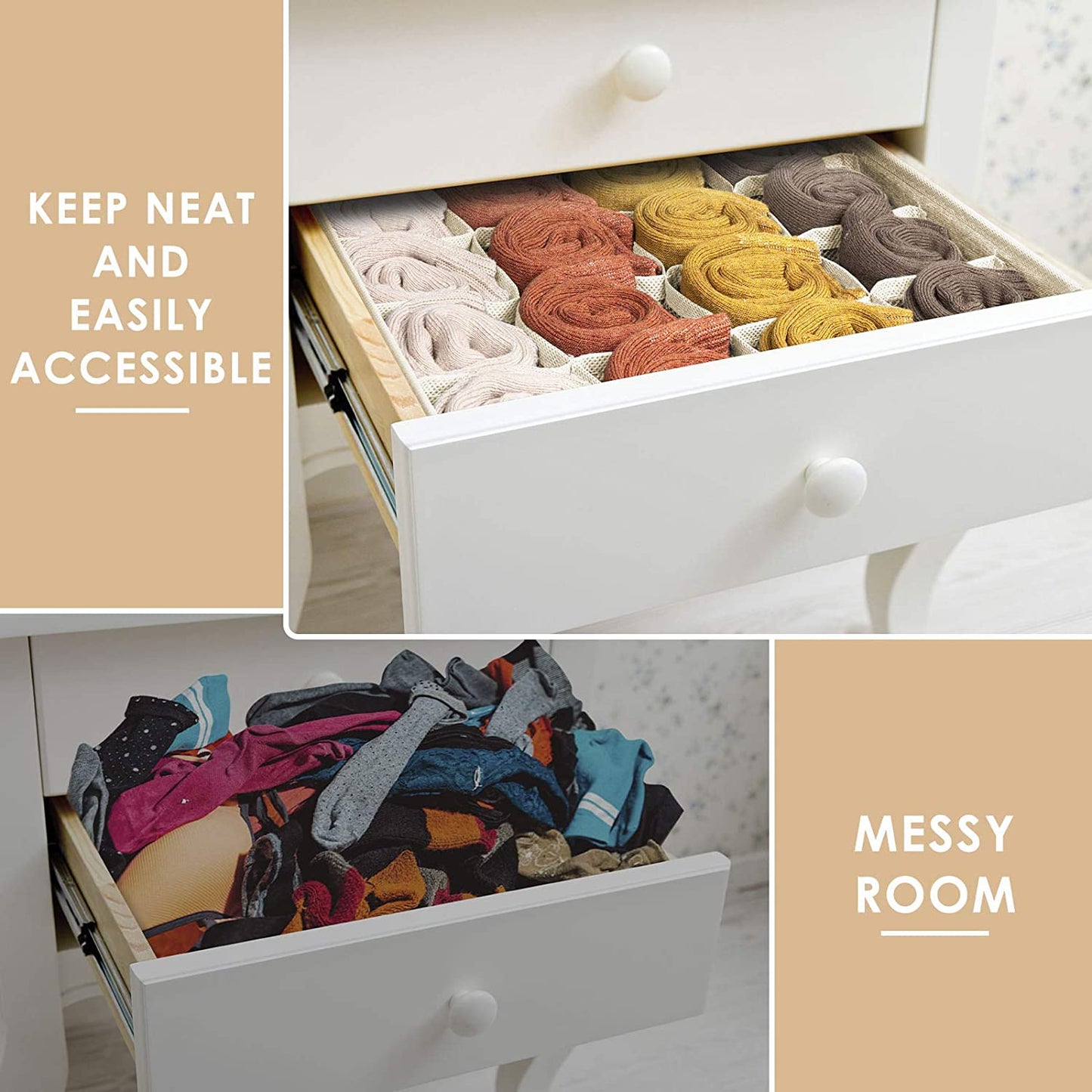 Tutuviw Wardrobe Clothes Organizer for Jeans, Upgraded Drawer Organizers for Clothing with Handle Foldable, Drawer Organizers Clothes(Gray,1PCS-M) 2PCS-24 Cell Beige