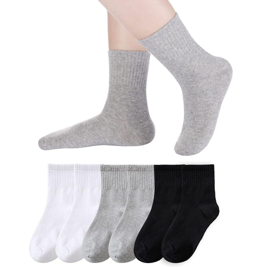 Holzlrgus Kids Athletic Crew Socks Boys Girls Cotton School Uniform Casual Basic Socks 6 Pairs 9 - 12 Years Black+ White + Grey