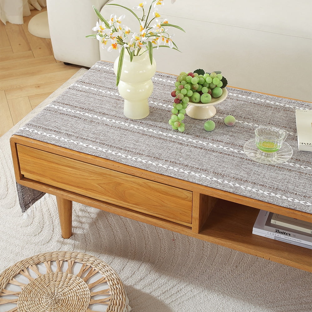 WCHUANG Coffee Table Cloth, Table Cover with Pockets and Tassel, Cotton Linen Rectangle Tablecloths Washer Dryer Fridge Top Dust Cover